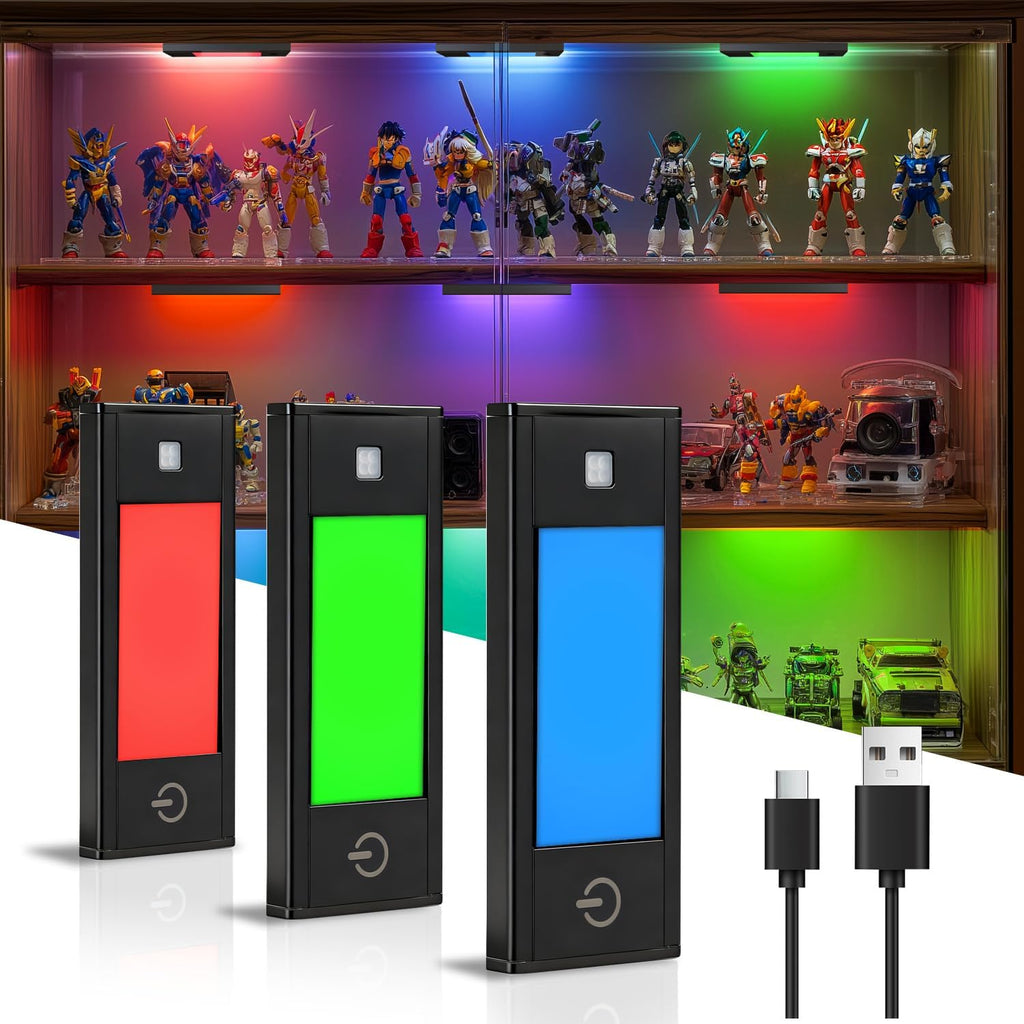 V4light RGB Motion Sensor Night Light, 6-Color Rechargeable Stair Lights, Magnetic Stick-On LED Bookshelf Light with Auto-Off, Touch Control, for Hallway, Stairs, Display Cabinet (3-Pack)