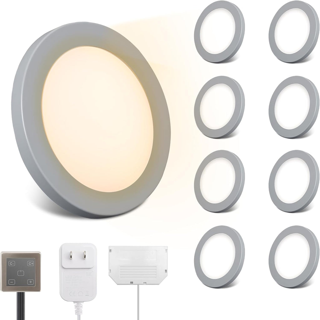 LED Puck Lights, 6mm Ultra-Thin Plug in Under Cabinet Lighting with Touch Dimmer, Adjustable Color Temp(2700K-6500K), Easy Installation for Kitchen, Pantry, Closet, Bedroom (8 Pack Grey)