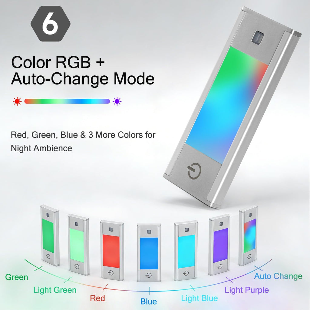 V4light RGB Motion Sensor Night Light, 6-Color Rechargeable Stair Lights, Magnetic Stick-On LED Bookshelf Light with Auto-Off, Touch Control, for Hallway, Stairs, Display Cabinet (3-Pack)