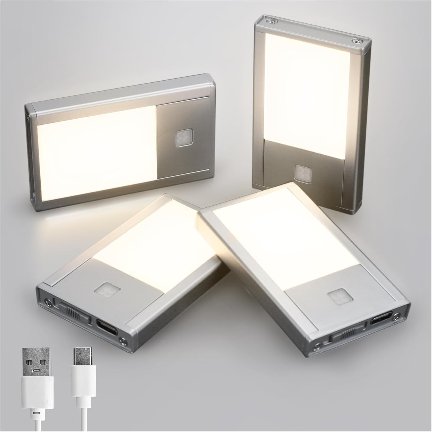 Rechargeable Motion Sensor Night Lights, Painted Grey Aluminum Alloy, Ultra-Compact Magnetic Mount, 3000K Warm White Glow, Ideal for Hallways, Bedrooms, Stairs & Nightly Use 4 Pack