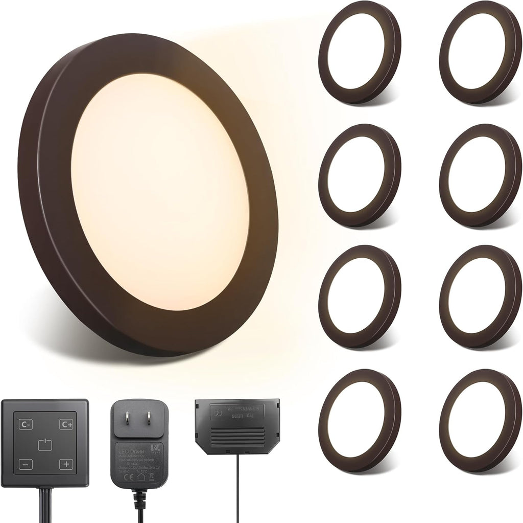 LED Puck Lights, 6mm Ultra-Thin Plug in Under Cabinet Lighting with Touch Dimmer, Adjustable Color Temp(2700K-6500K), Easy Installation for Kitchen, Pantry, Closet, Bedroom (8 Pack Brown )