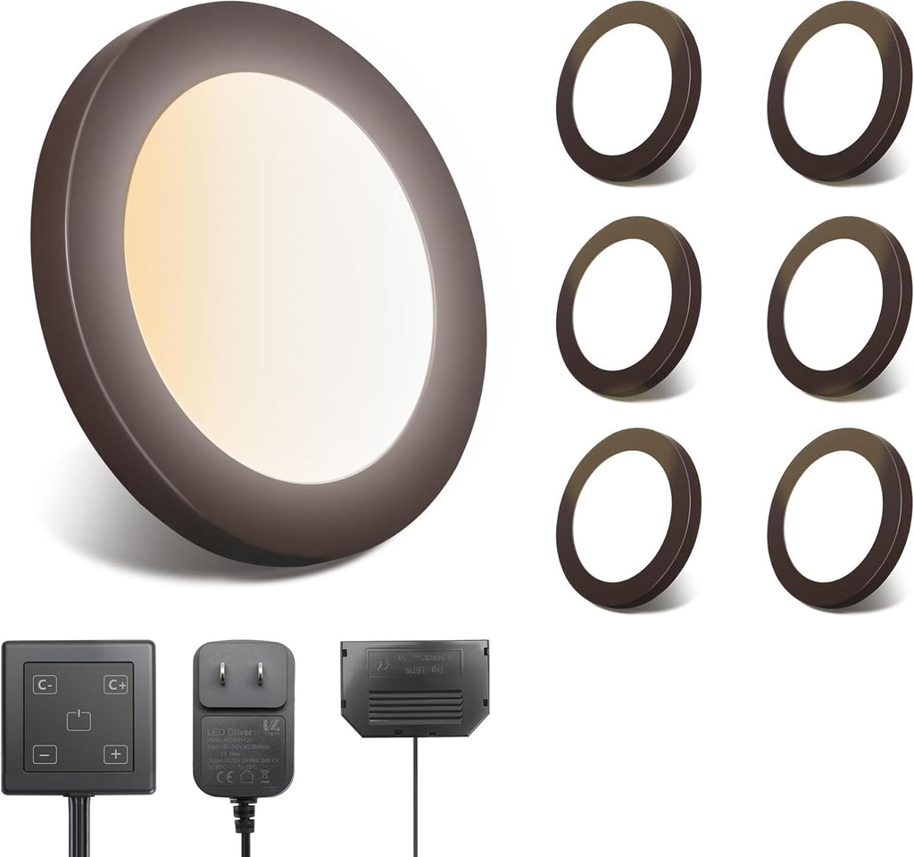 LED Puck Lights, 6mm Ultra-Thin Plug in Under Cabinet Lighting with Touch Dimmer, Adjustable Color Temp(2700K-6500K), Easy Installation for Kitchen, Pantry, Closet, Bedroom ( 6 Pack Brown)