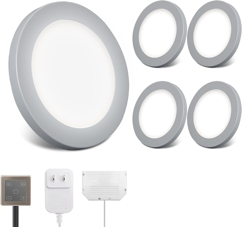 LED Puck Lights, 6mm Ultra-Thin Plug in Under Cabinet Lighting with Touch Dimmer, Adjustable Color Temp(2700K-6500K), Easy Installation for Kitchen, Pantry, Closet, Bedroom (4 Pack Grey)