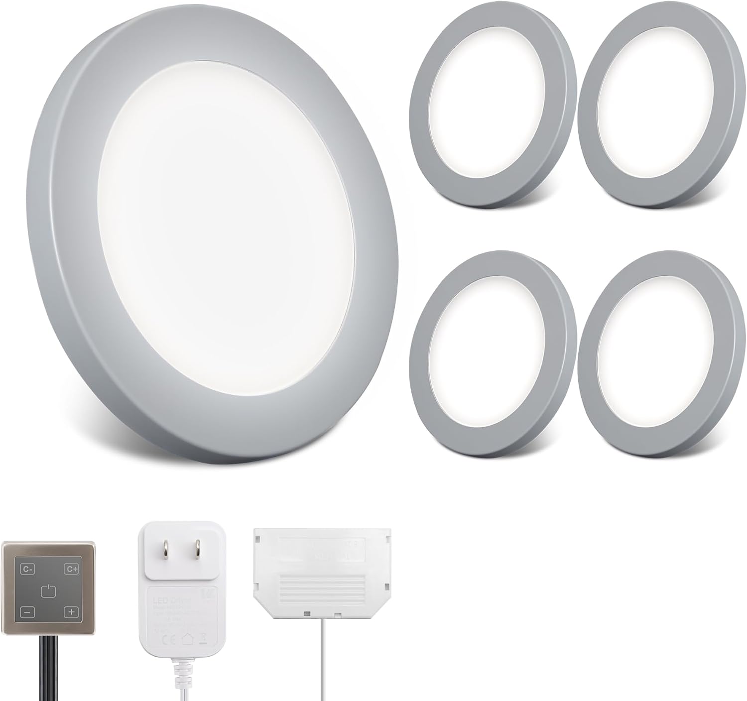 LED Puck Lights, 6mm Ultra-Thin Plug in Under Cabinet Lighting with Touch Dimmer, Adjustable Color Temp(2700K-6500K), Easy Installation for Kitchen, Pantry, Closet, Bedroom (4 Pack Grey)
