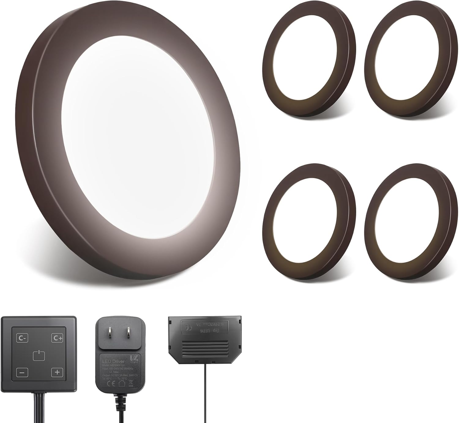 LED Puck Lights, 6mm Ultra-Thin Plug in Under Cabinet Lighting with Touch Dimmer, Adjustable Color Temp(2700K-6500K), Easy Installation for Kitchen, Pantry, Closet, Bedroom (4 Pack Brown )