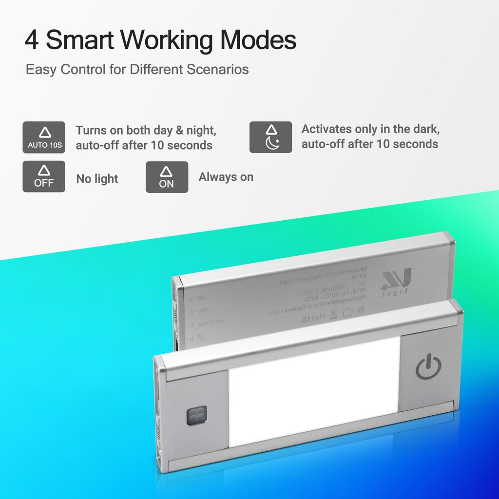 V4light RGB Motion Sensor Night Light, 6-Color Rechargeable Stair Lights, Magnetic Stick-On LED Bookshelf Light with Auto-Off, Touch Control, for Hallway, Stairs, Display Cabinet (3-Pack)