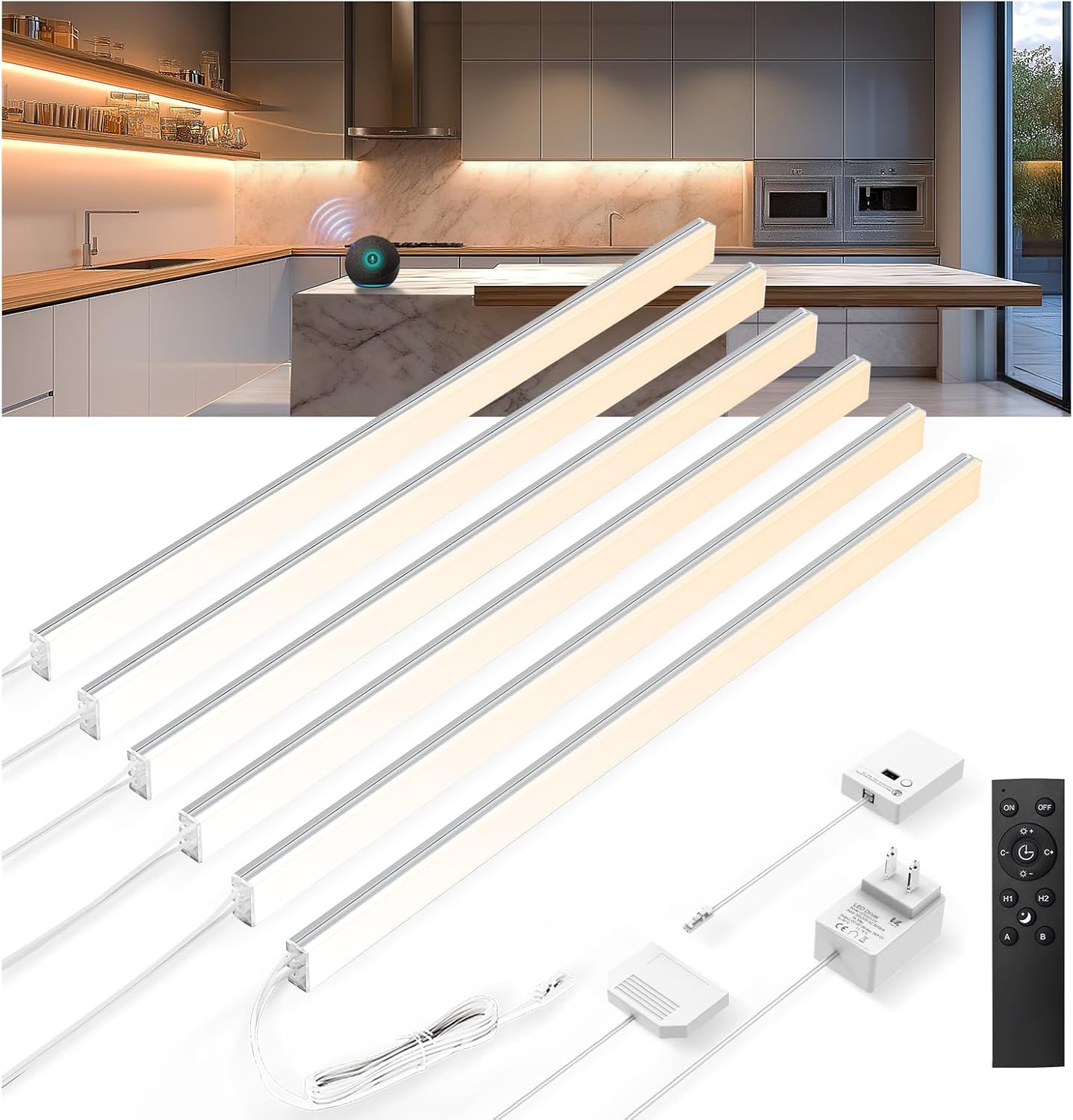 Plug in Under Cabinet Lighting, 6 Pack 12 Inch Ultra-Slim LED Light Bars, Smart App/Voice/Remote Control, Works with Alexa, Dimmable & CCT Adjustable, 5W/Bar, for Kitchen, Closet, Counter