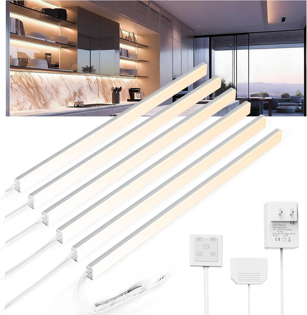 12'' Aluminum Under Cabinet LED Lights, 6-Pack Ultra-Slim Bars, Plug-in & Wired Touch Dimmer, Adjustable 2700K-6500K Color Temp, Seamless Linkable, Easy Install for Kitchen/Closet/Shelf