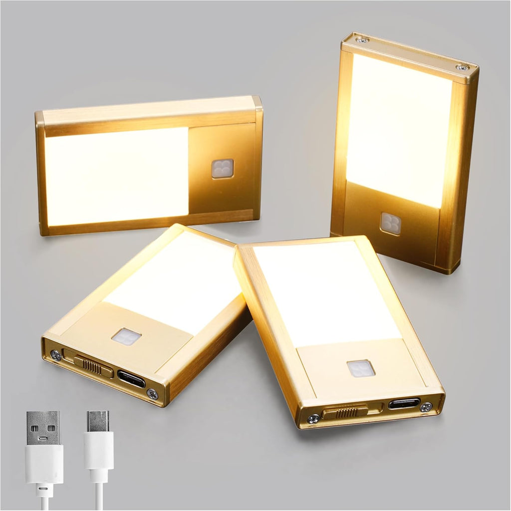 Rechargeable Motion Sensor Night Lights, Brushed Gold Aluminum Alloy, Ultra-Compact Magnetic Mount, 3000K Warm White Glow, Ideal for Hallways, Bedrooms, Stairs & Nightly Use 4 Pack