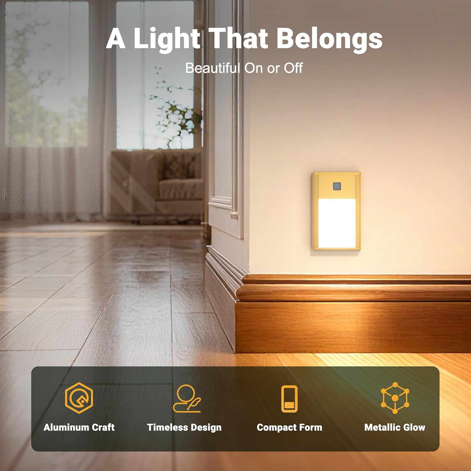 Rechargeable Motion Sensor Night Lights, Brushed Gold Aluminum Alloy, Ultra-Compact Magnetic Mount, 3000K Warm White Glow, Ideal for Hallways, Bedrooms, Stairs & Nightly Use 4 Pack