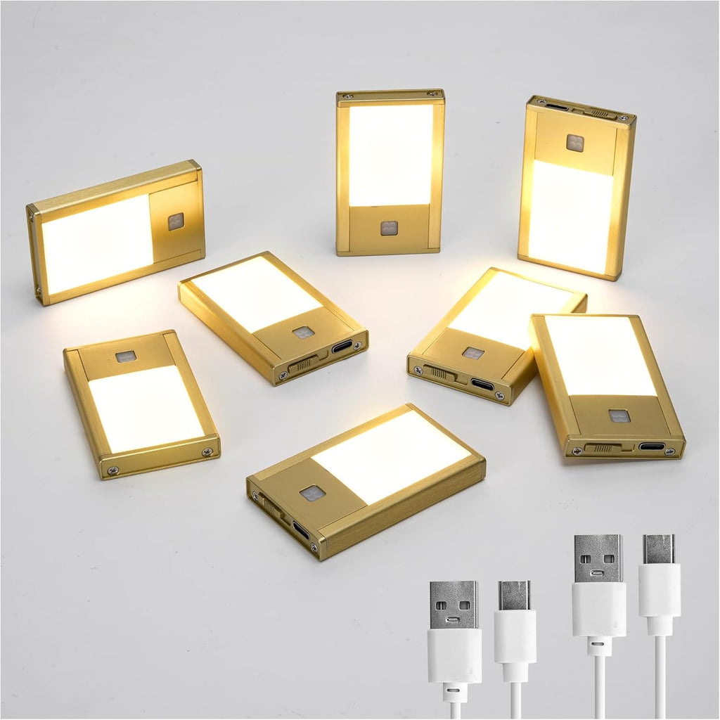 Rechargeable Motion Sensor Night Lights, Brushed Gold Aluminum Alloy, Ultra-Compact Magnetic Mount, 3000K Warm White Glow, Ideal for Hallways, Bedrooms, Stairs & Nightly Use 8 Pack
