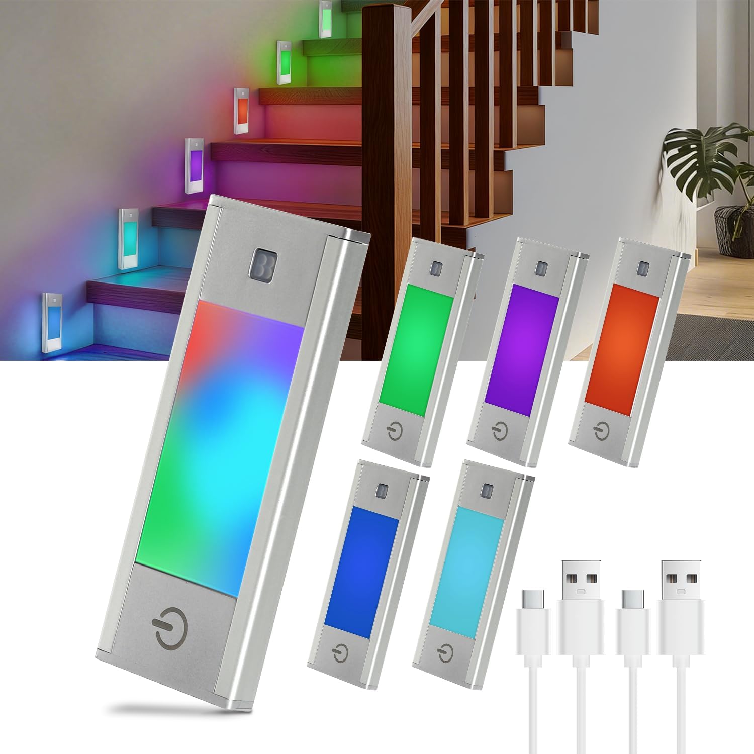 V4light RGB Motion Sensor Night Light, 6-Color Rechargeable Stair Lights, Magnetic Stick-On LED Bookshelf Light with Auto-Off, Touch Control, for Hallway, Stairs, Display Cabinet (6-Pack)