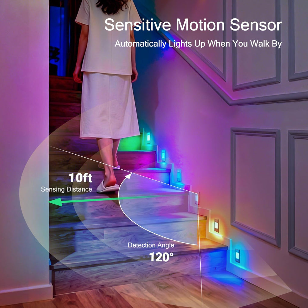 V4light RGB Motion Sensor Night Light, 6-Color Rechargeable Stair Lights, Magnetic Stick-On LED Bookshelf Light with Auto-Off, Touch Control, for Hallway, Stairs, Display Cabinet (3-Pack)