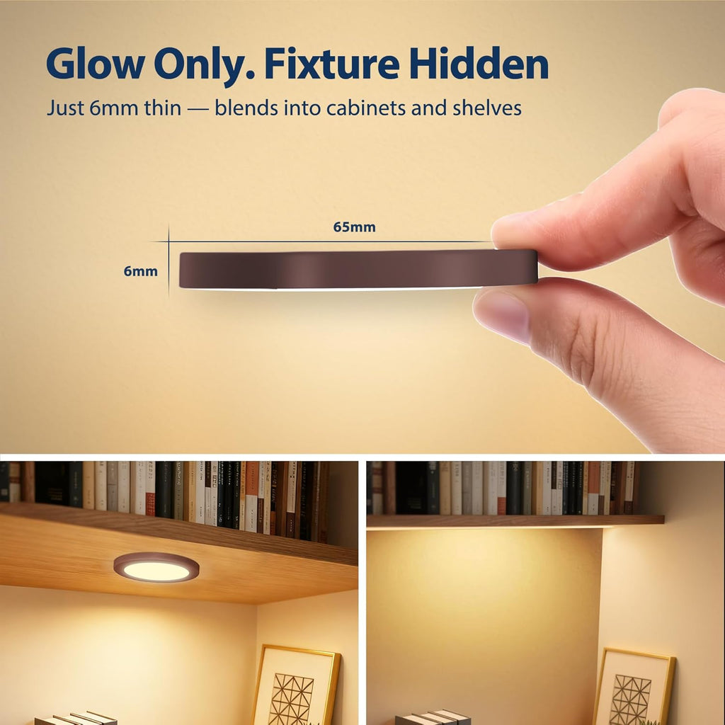 LED Puck Lights, 6mm Ultra-Thin Plug in Under Cabinet Lighting with Touch Dimmer, Adjustable Color Temp(2700K-6500K), Easy Installation for Kitchen, Pantry, Closet, Bedroom ( 6 Pack Brown)