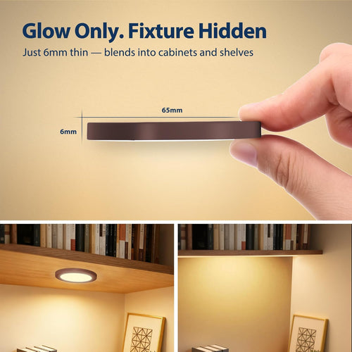 LED Puck Lights, 6mm Ultra-Thin Plug in Under Cabinet Lighting with Touch Dimmer, Adjustable Color Temp(2700K-6500K), Easy Installation for Kitchen, Pantry, Closet, Bedroom ( 6 Pack Brown)