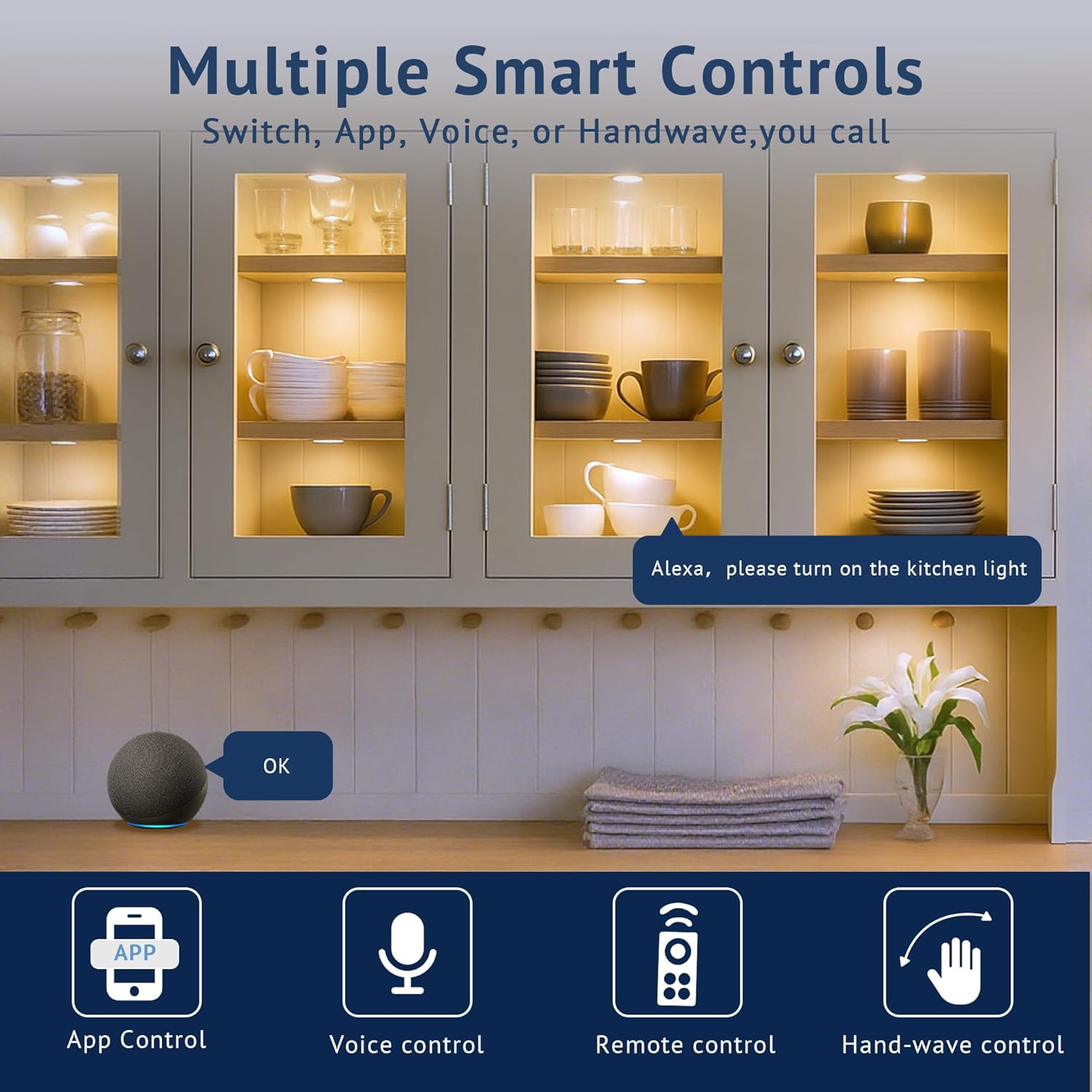 Smart LED Puck Lights,Under Cabinet Lighting Kit with App, Voice, Remote & Hand Control, Works with Alexa & Google Home, Dimmable & Adjustable Color Temperature for Kitchen, Closet, Shelf（8 Pack）