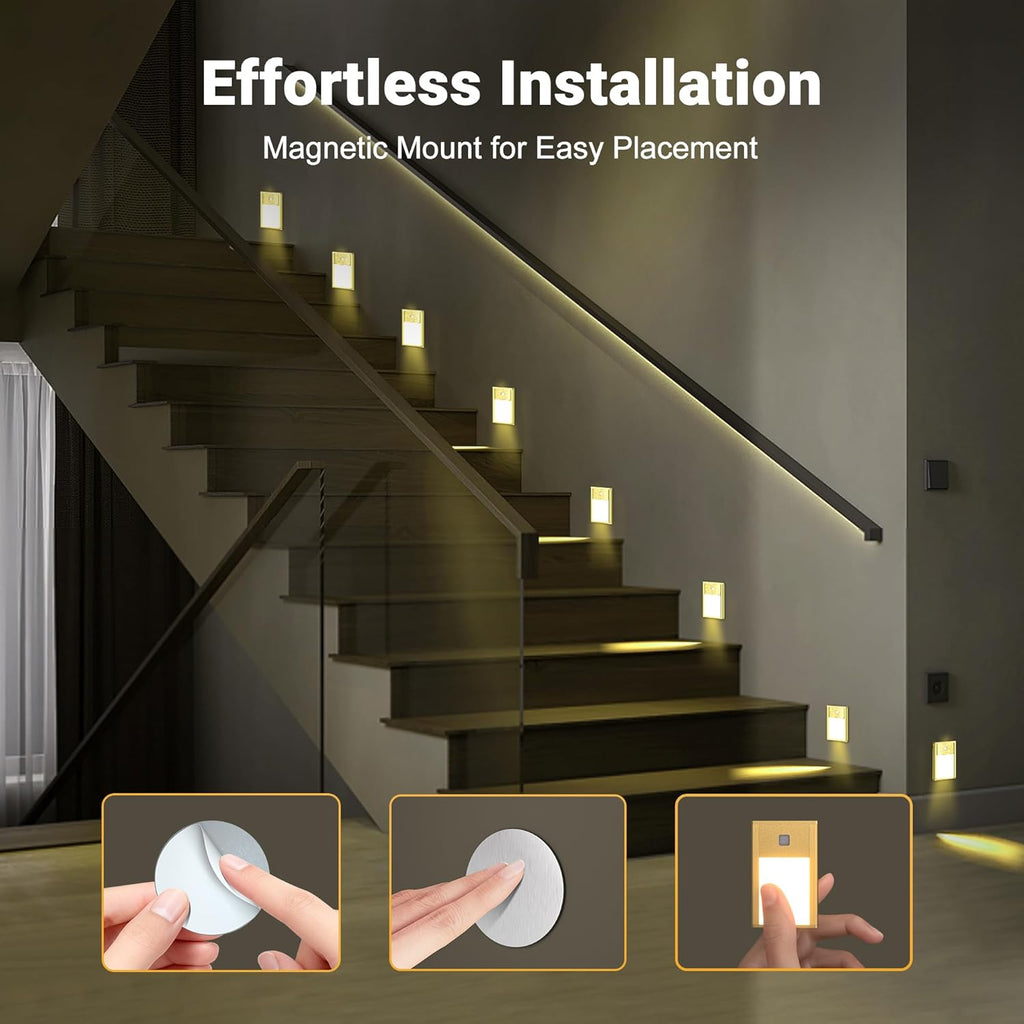 Rechargeable Motion Sensor Night Lights, Brushed Gold Aluminum Alloy, Ultra-Compact Magnetic Mount, 3000K Warm White Glow, Ideal for Hallways, Bedrooms, Stairs & Nightly Use 4 Pack