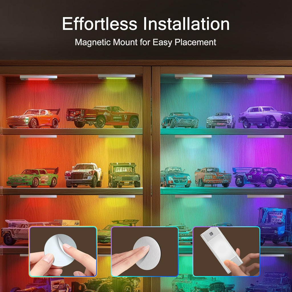 V4light RGB Motion Sensor Night Light, 6-Color Rechargeable Stair Lights, Magnetic Stick-On LED Bookshelf Light with Auto-Off, Touch Control, for Hallway, Stairs, Display Cabinet (3-Pack)