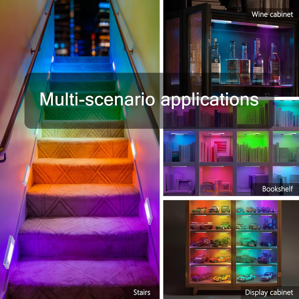 V4light RGB Motion Sensor Night Light, 6-Color Rechargeable Stair Lights, Magnetic Stick-On LED Bookshelf Light with Auto-Off, Touch Control, for Hallway, Stairs, Display Cabinet (3-Pack)