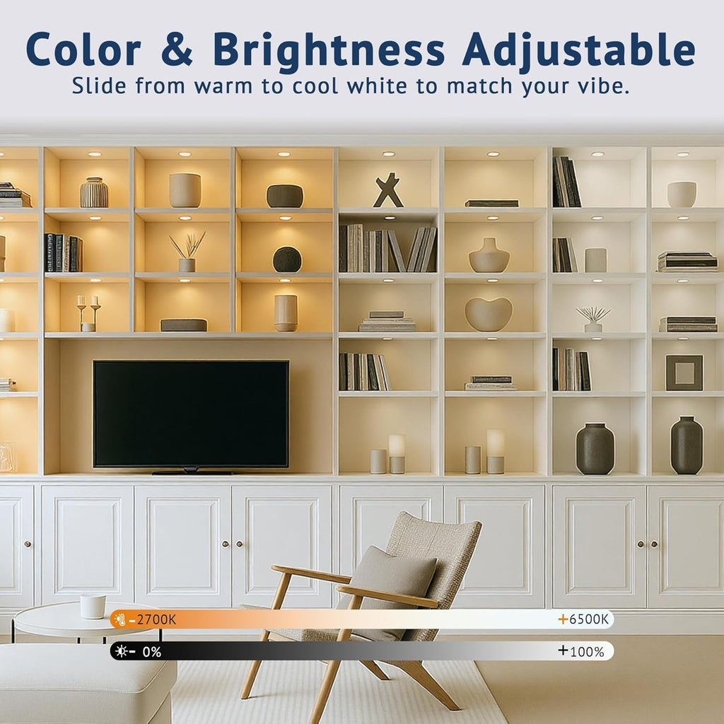 LED Puck Lights, 6mm Ultra-Thin Plug in Under Cabinet Lighting with Touch Dimmer, Adjustable Color Temp(2700K-6500K), Easy Installation for Kitchen, Pantry, Closet, Bedroom ( 6 Pack Brown)