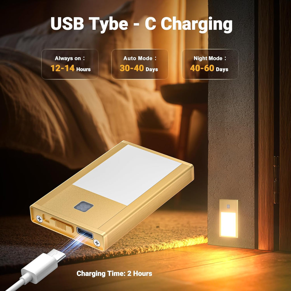 Rechargeable Motion Sensor Night Lights, Painted Grey Aluminum Alloy, Ultra-Compact Magnetic Mount, 3000K Warm White Glow, Ideal for Hallways, Bedrooms, Stairs & Nightly Use 8 Pack