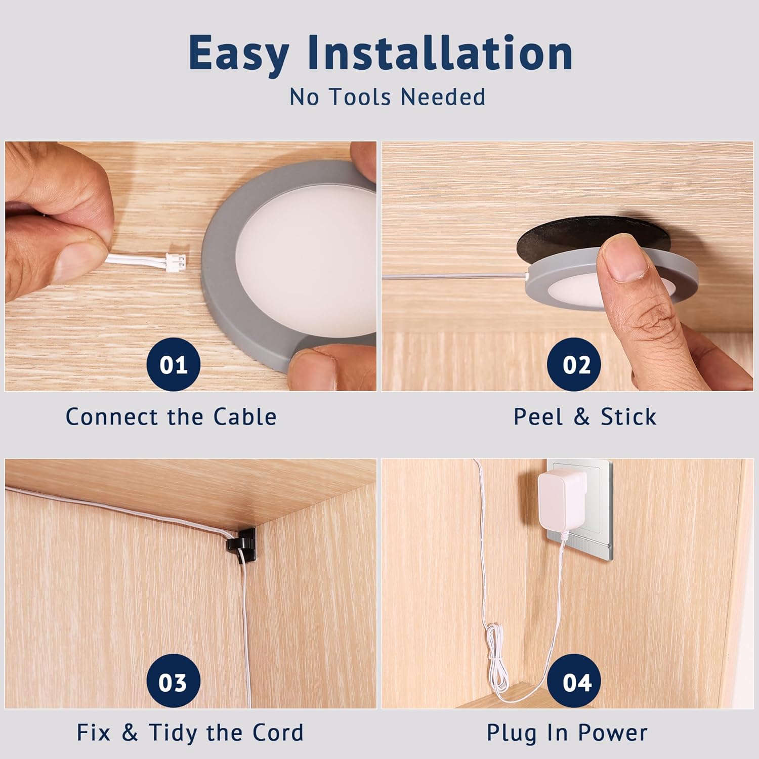 LED Puck Lights, 6mm Ultra-Thin Plug in Under Cabinet Lighting with Touch Dimmer, Adjustable Color Temp(2700K-6500K), Easy Installation for Kitchen, Pantry, Closet, Bedroom (4 Pack Grey)